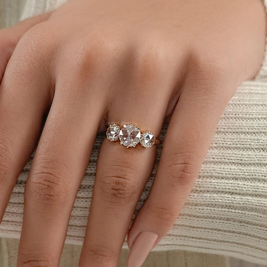 Three Stone Rose Cut Round Engagement Ring Ring