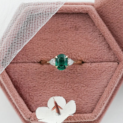 Trilogy Zambian Green Oval Gemstone And Trillion Cut Ring