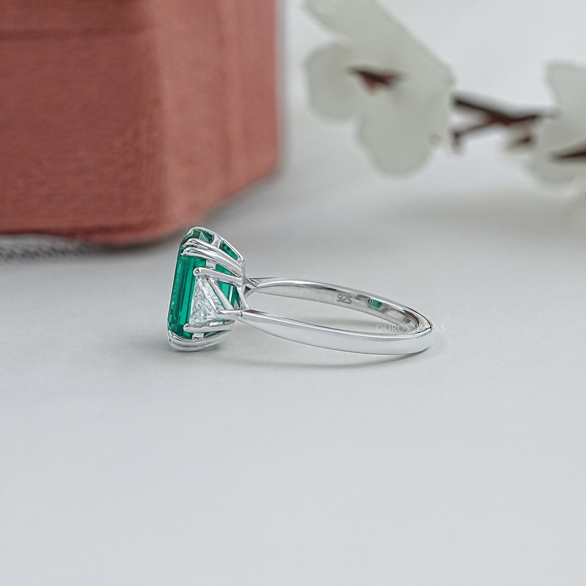 Emerald And Triangle Cut Trio Engagement Ring