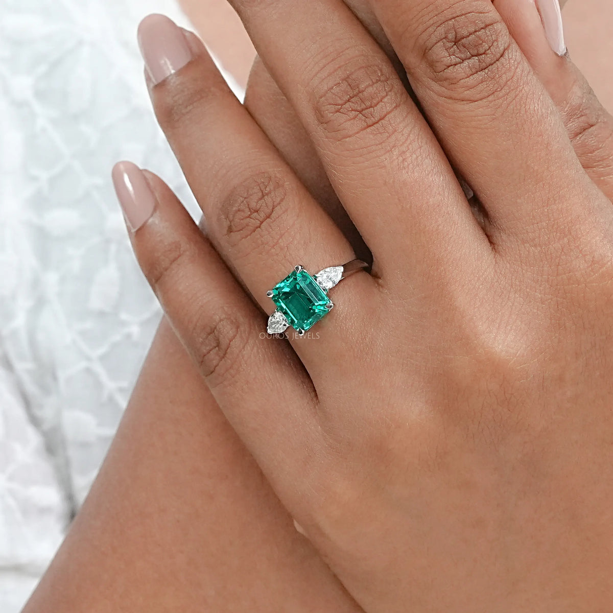 Three Stone Green Emerald Engagement Ring