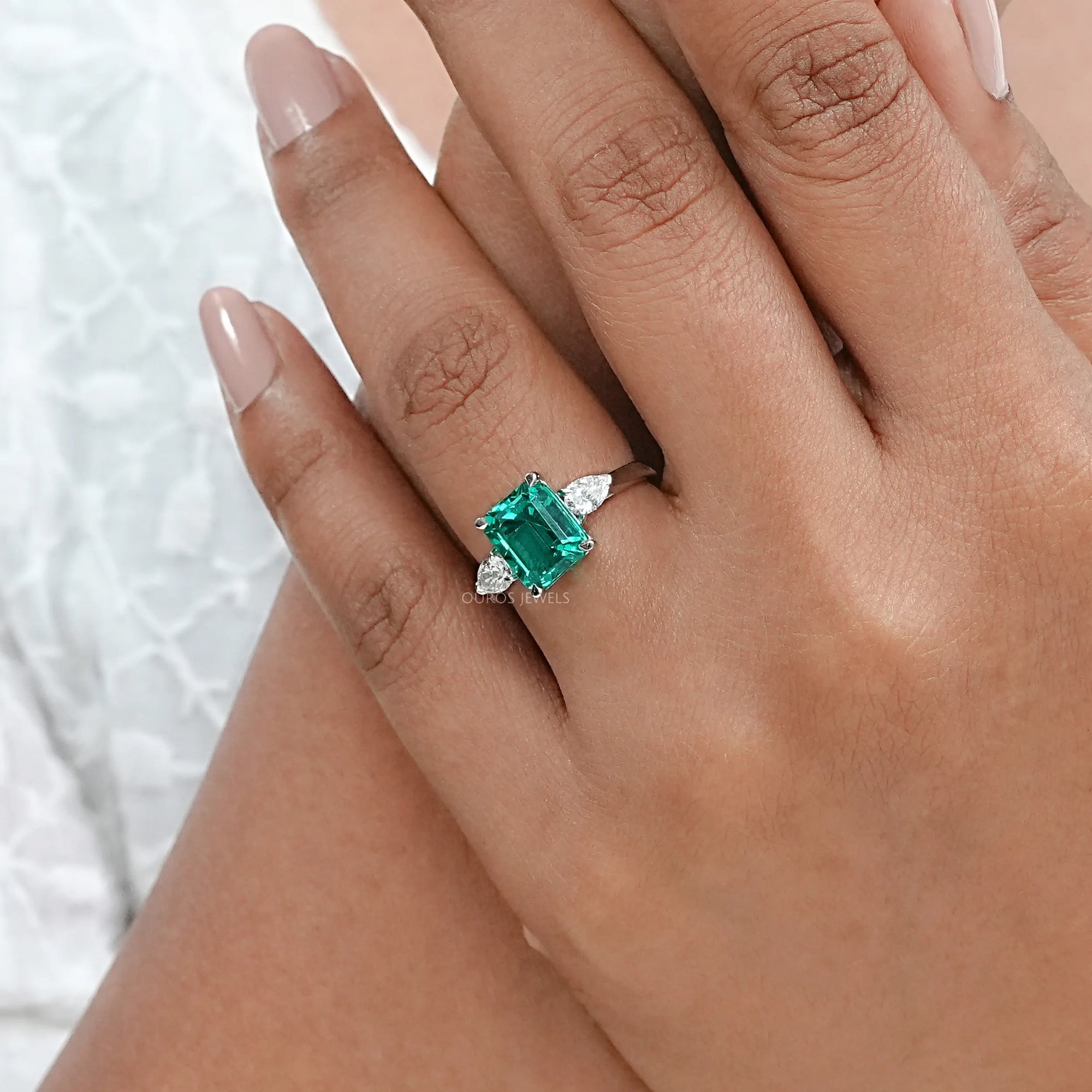 Three Stone Green Emerald Engagement Ring