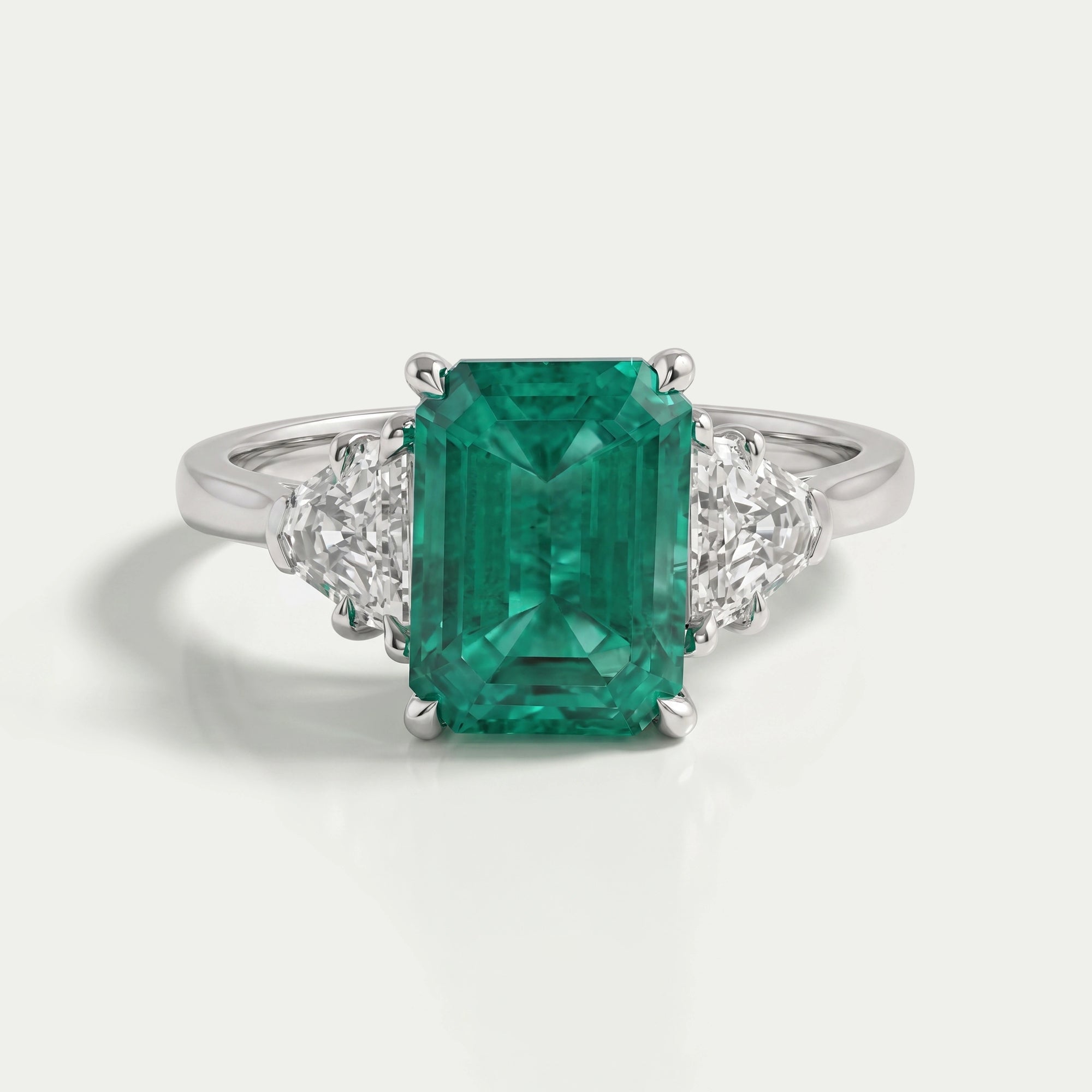 Green Emerald With Antique Diamond Three Stone Ring Ring