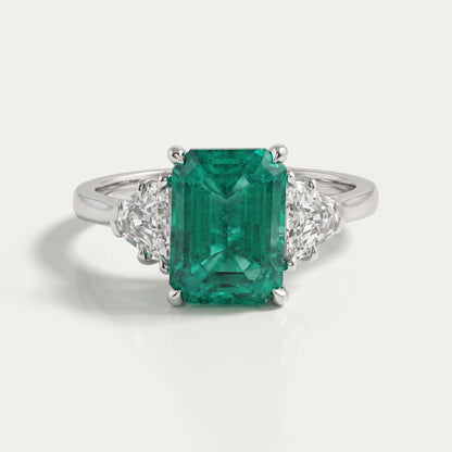 Green Emerald With Antique Diamond Three Stone Ring Ring