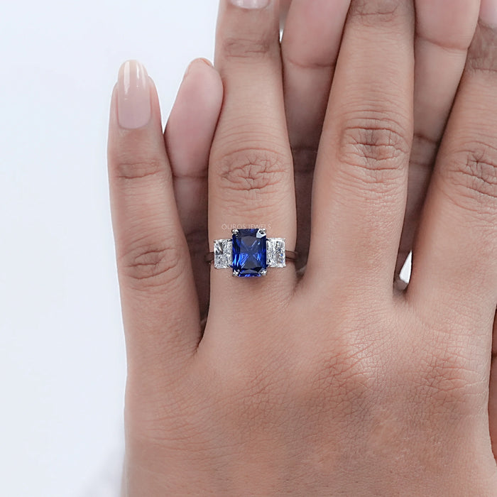 Sapphire Radiant And Lab Diamond Three Stone Ring