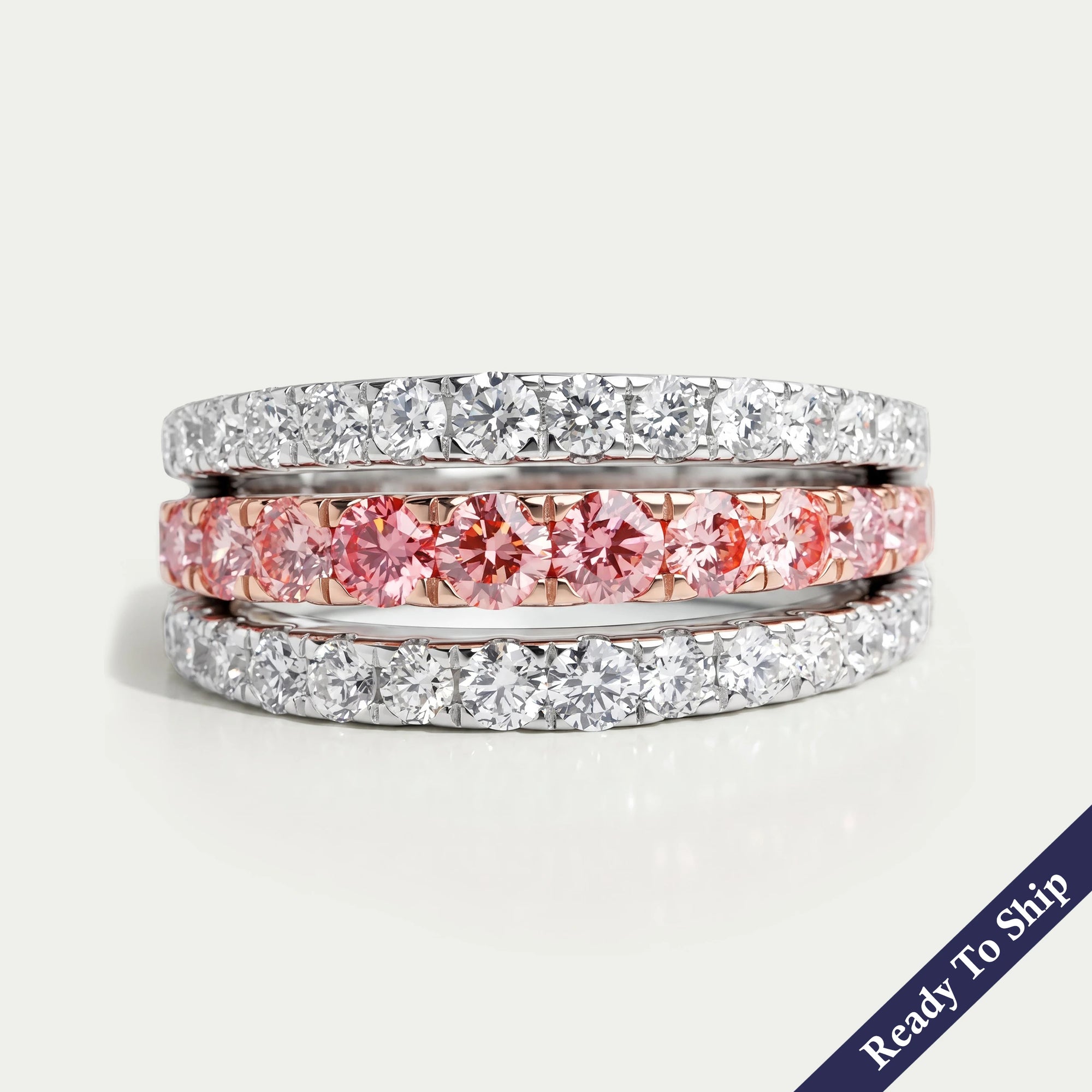 Pink Round Cut Lab Grown Diamond Triple Row Band