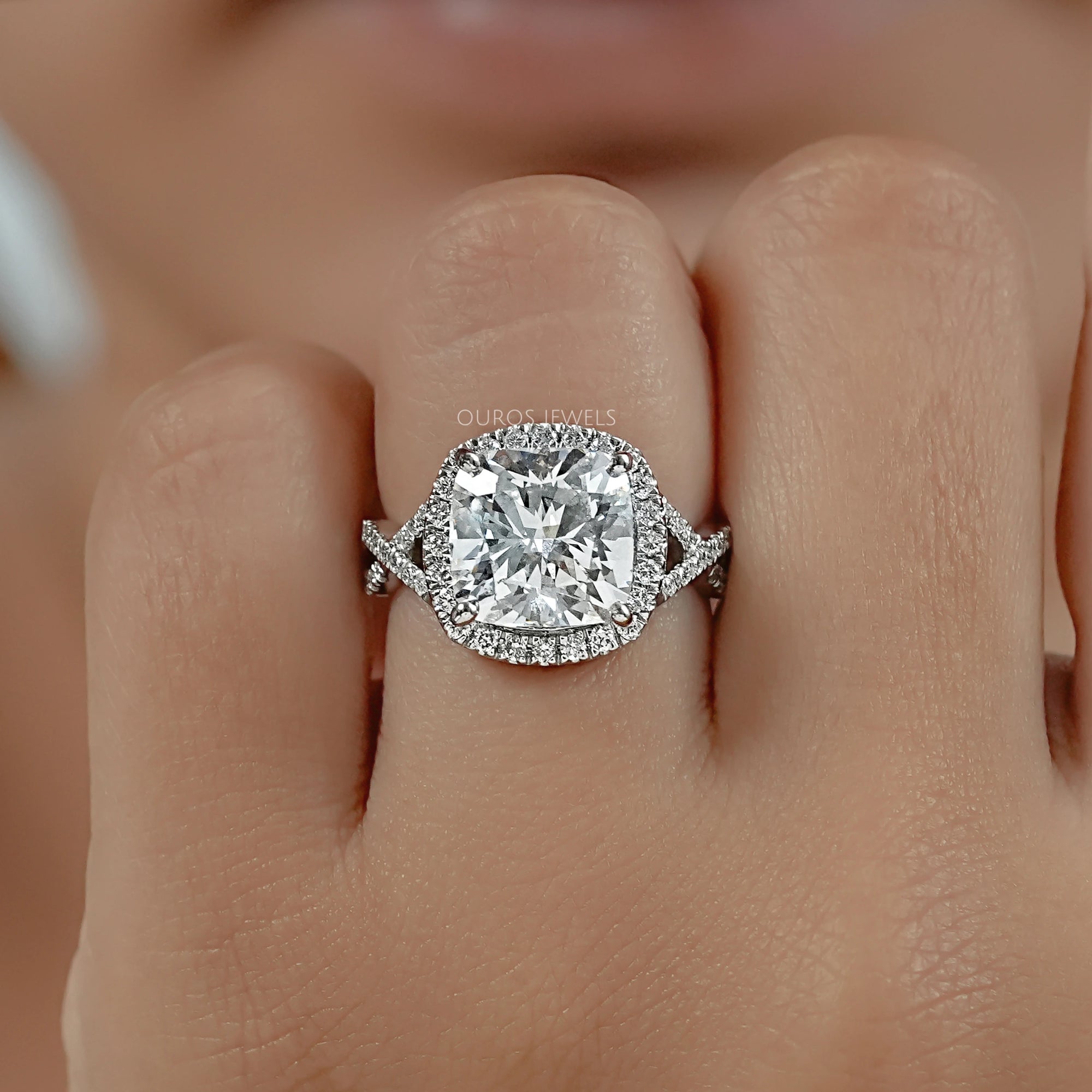 Twisted Square Cushion Cut Hidden Halo Ring Rings