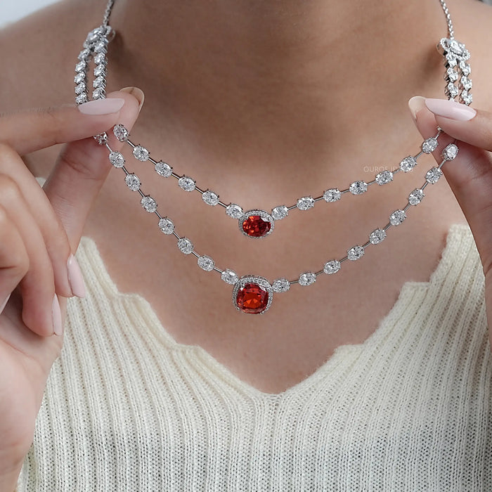 Double Layer Bridal Necklace with Cushion Cut Ruby and Lab Diamond Halo