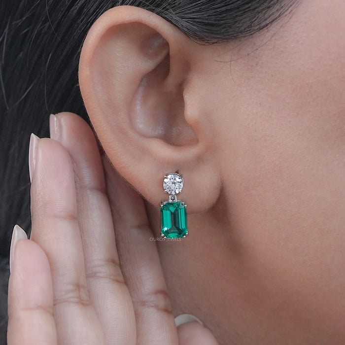 Two Stone Green Emerald And Round Diamond Drop Earrings