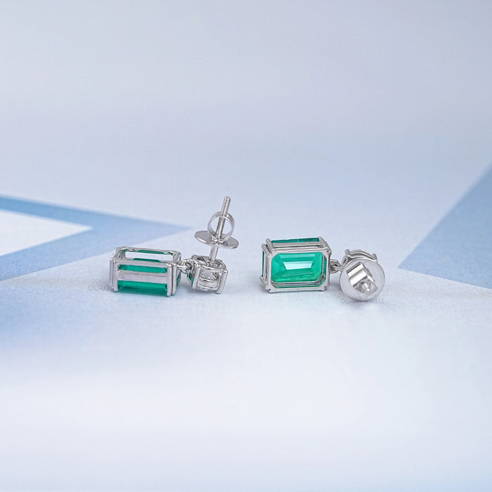 Two Stone Green Emerald And Round Diamond Drop Earrings