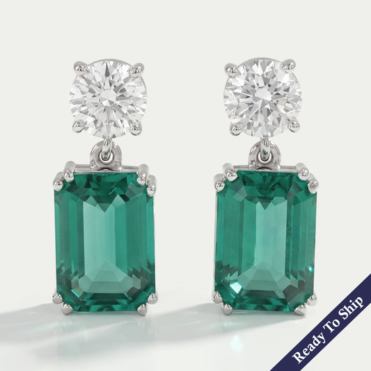 Two Stone Green Emerald And Round Diamond Drop Earrings