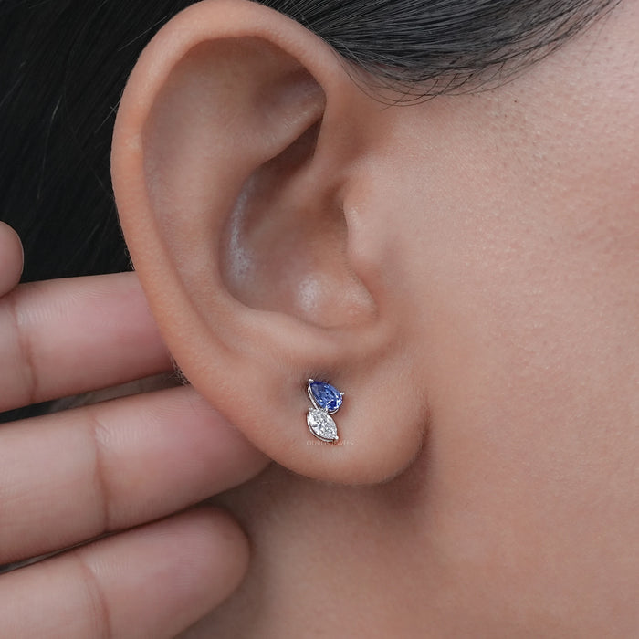 Two Stone Sapphire Pear And Marquise Diamond Stud Earrings