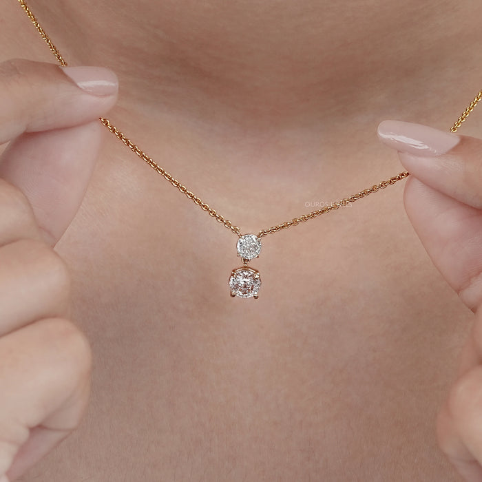 Two Stone Prong Set Round Portuguese Cut Lab Diamond Pendant 