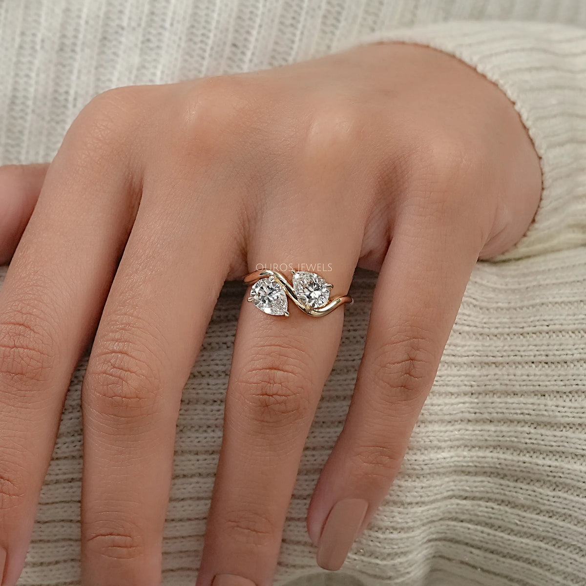 Two Stone Pear Diamond Wave Engagement Ring Ring