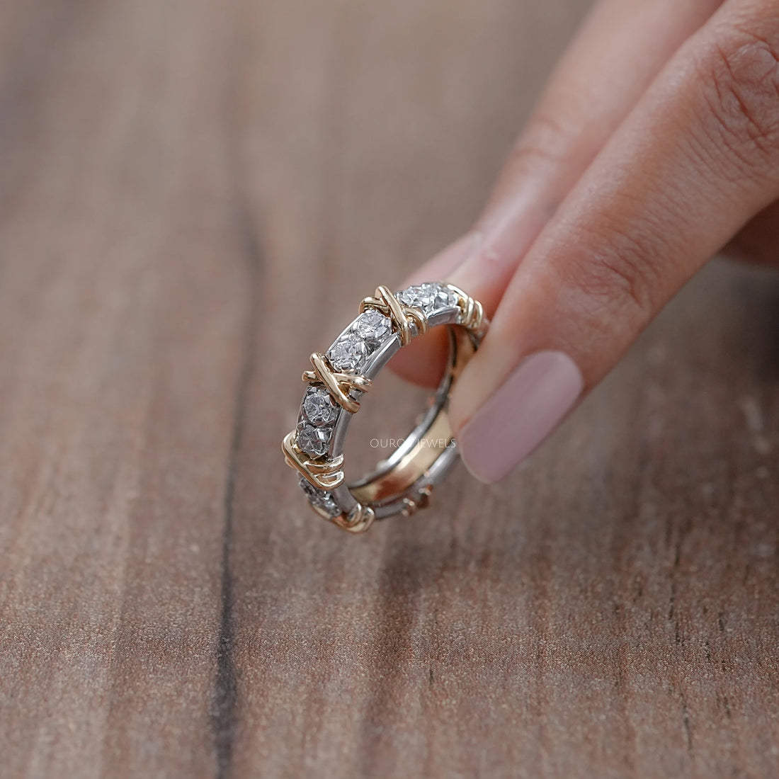 Two Tone Round Diamond Crossover Eternity Wedding Band Rings