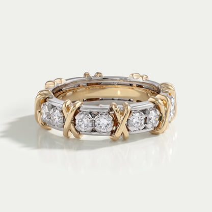 Two Tone Round Diamond Crossover Eternity Wedding Band Rings