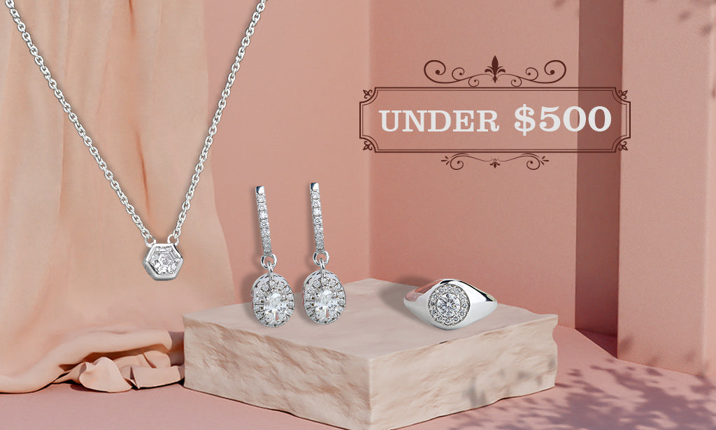 Image showing lab grown diamond jewelry including earrings,rings all under $500