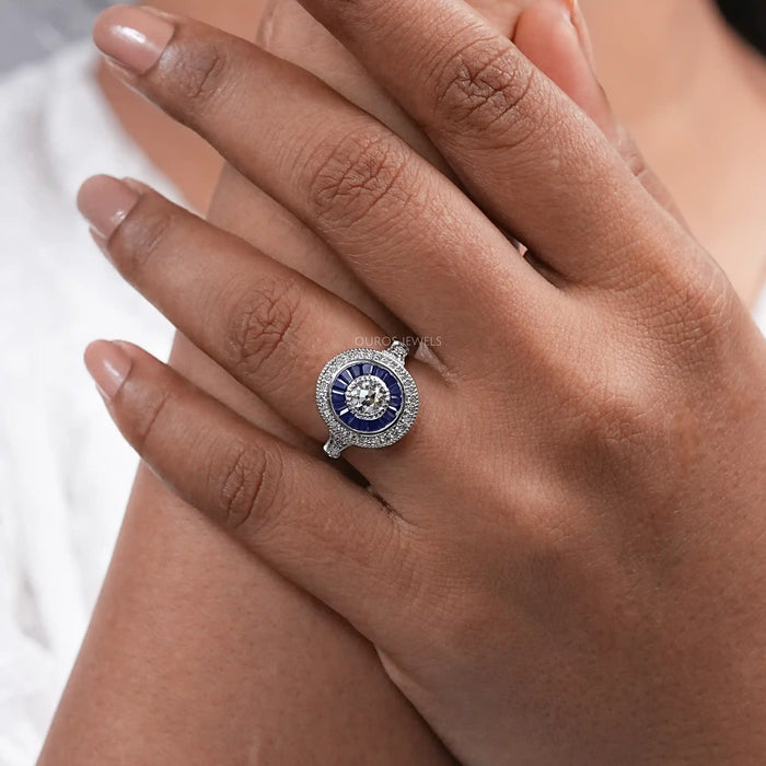 OEC Diamond with Blue Tapered Baguette Double Halo Ring