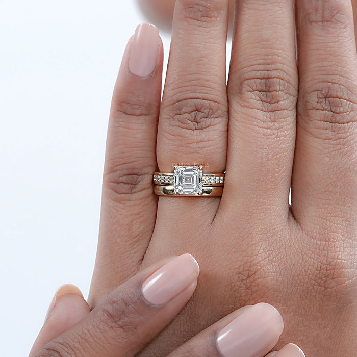 Asscher Cut Diamond Solitaire Accent With Plain Wedding Band