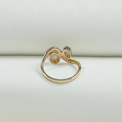 back view of step cut shield diamond bezel set bypass engagement ring