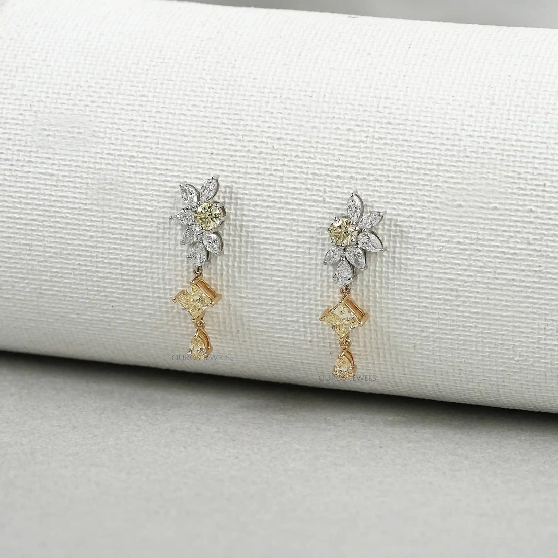 Yellow And White Diamond Floral Drop Earrings Earrings