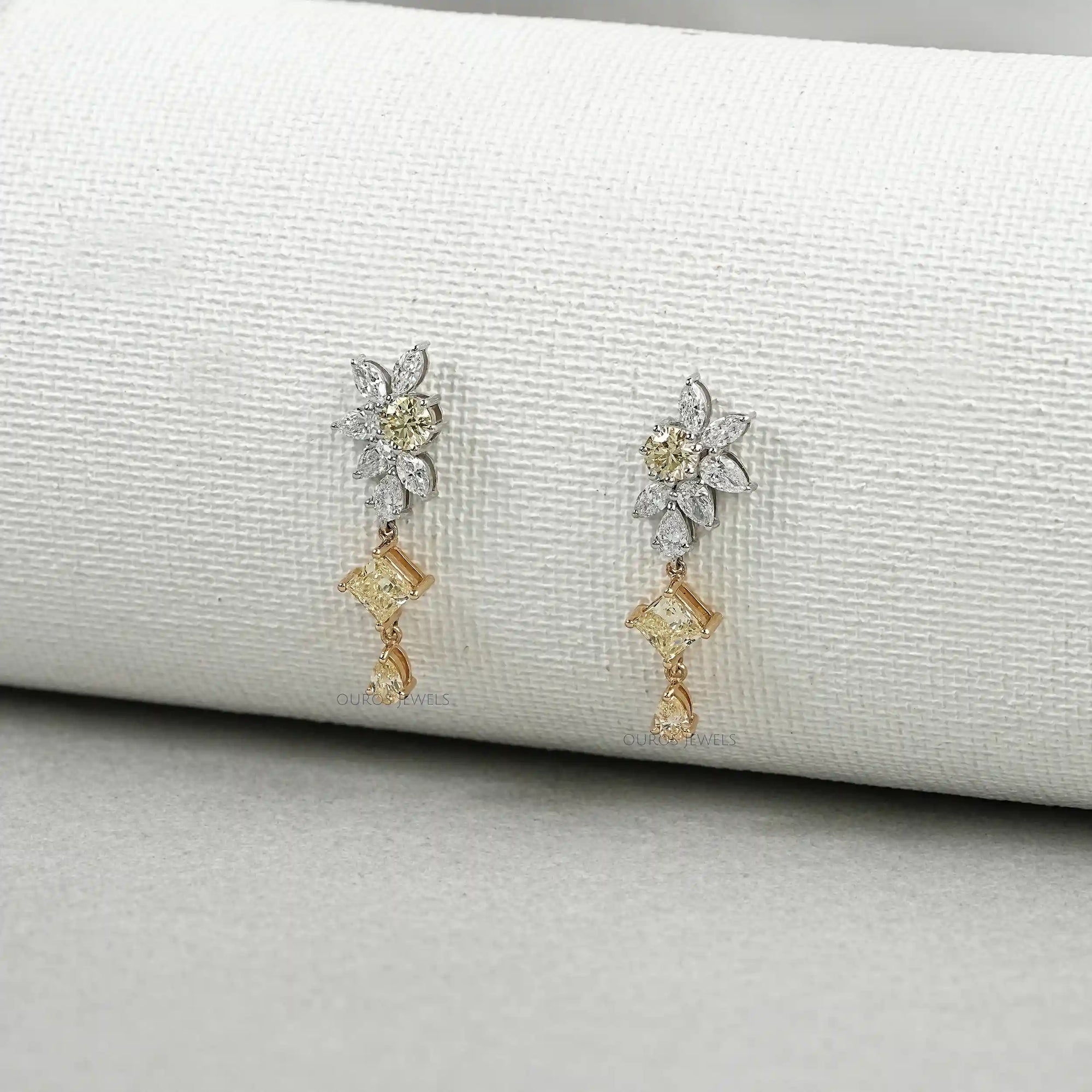 Yellow And White Diamond Floral Drop Earrings Earrings