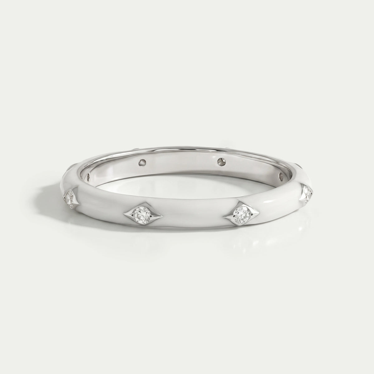 White Enamel Round Diamond Wedding Band Ring