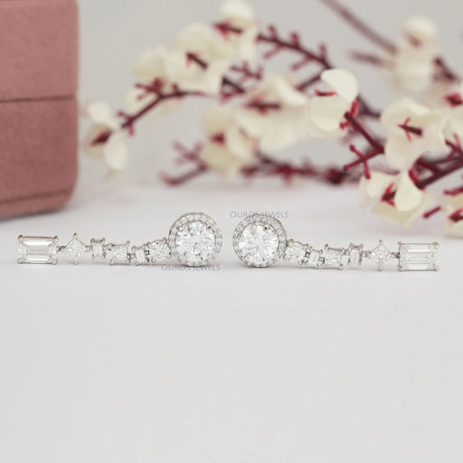 east west view of multiple shape diamond floating halo flat back drop earrings