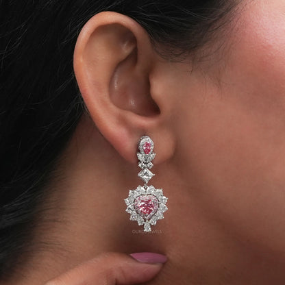 Pink Heart Cut Double Halo Drop Dangle Earrings Earrings