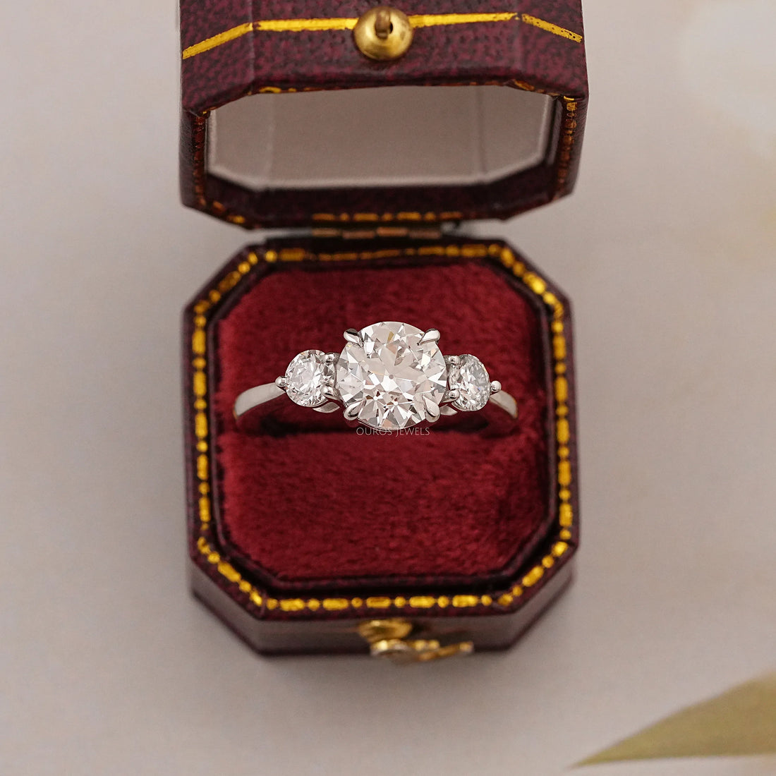 Old European Round Cut Three Stone Engagement Ring Rings