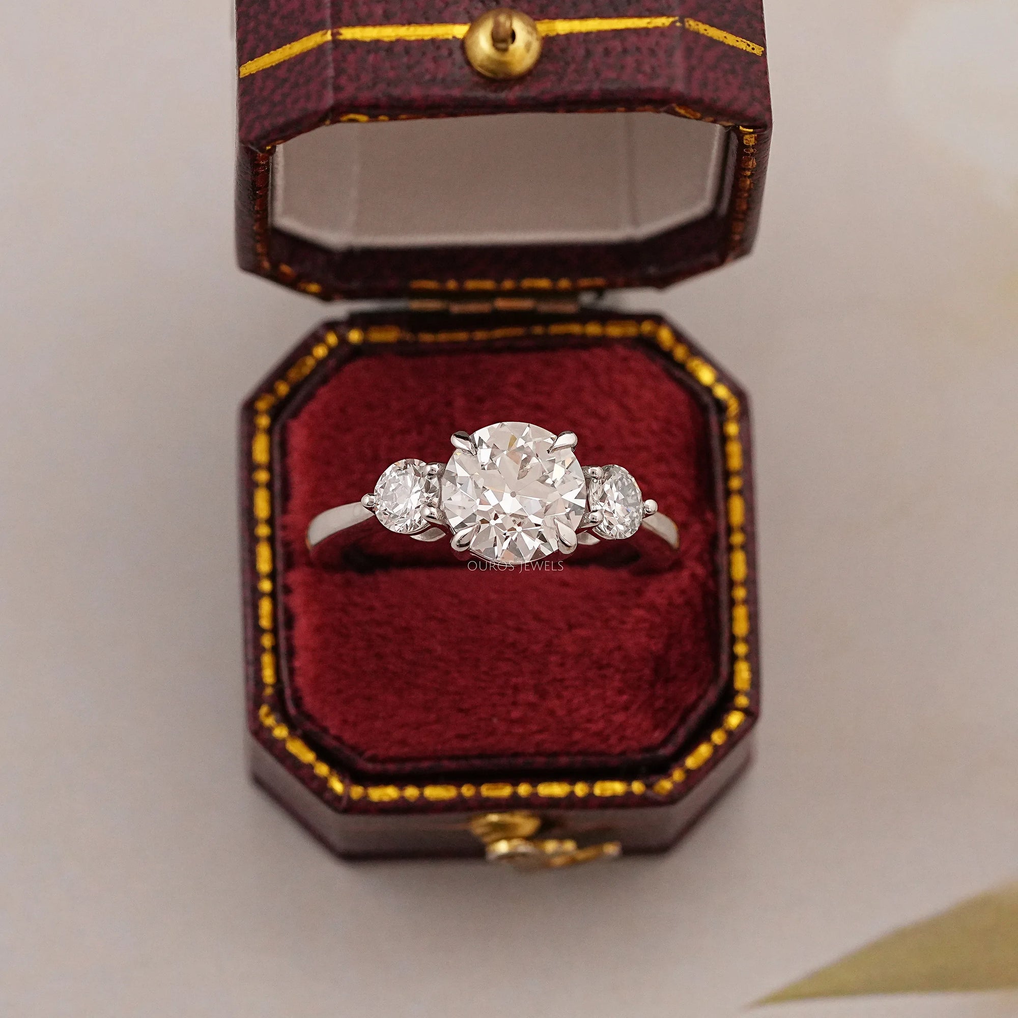 Old European Round Cut Three Stone Engagement Ring Rings