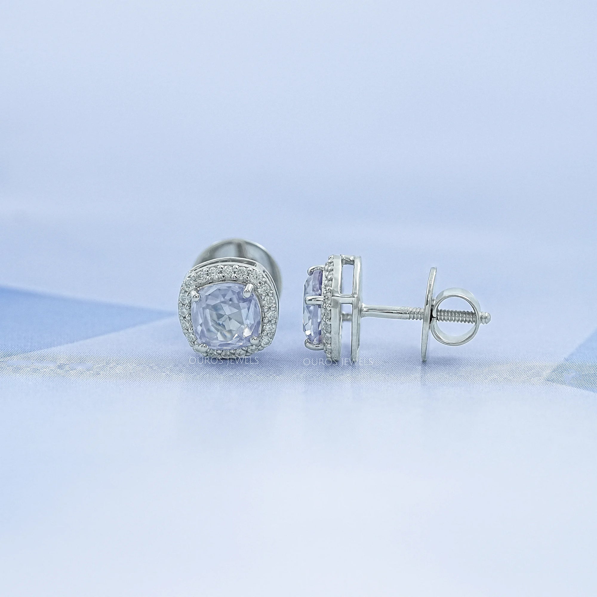 Blue Oval Sapphire Gemstone With Lab Diamond Halo Earring 