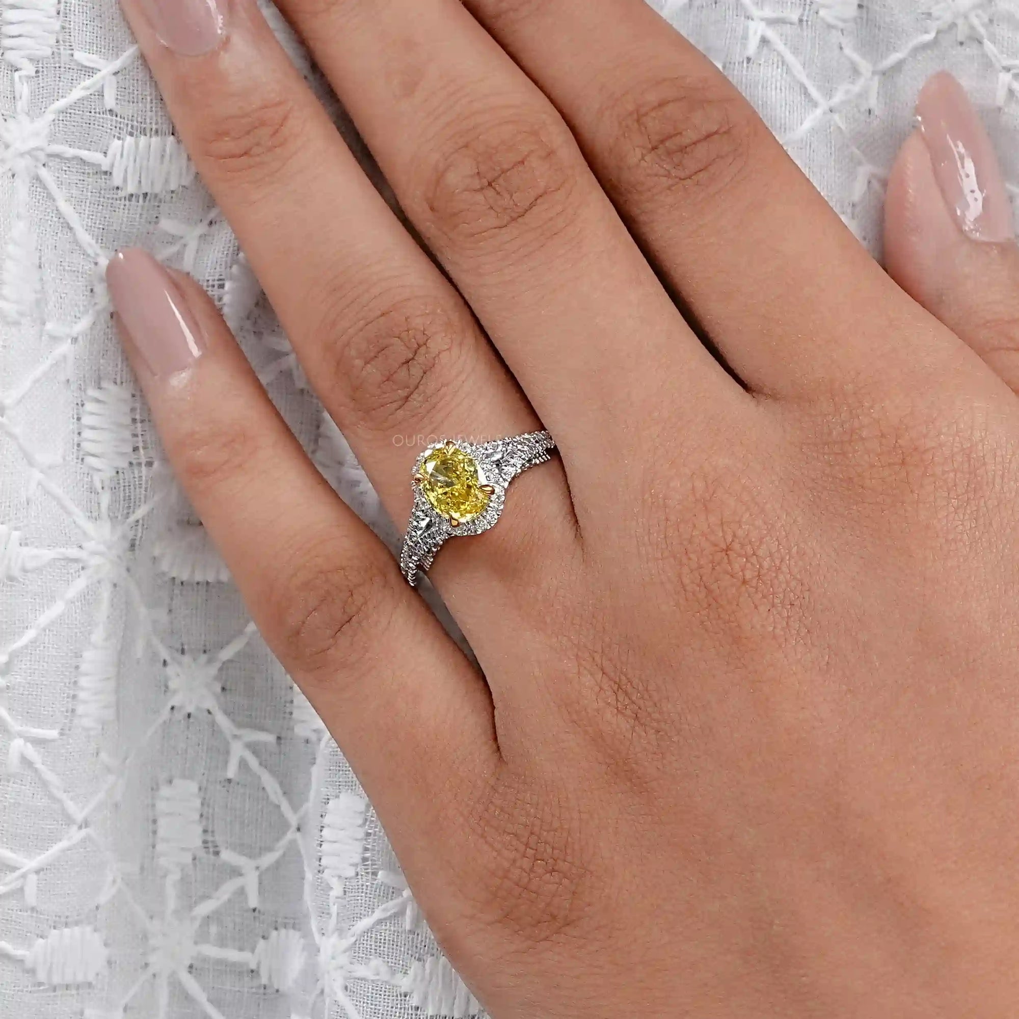 Yellow Oval Diamond Halo Split Shank Engagement Ring