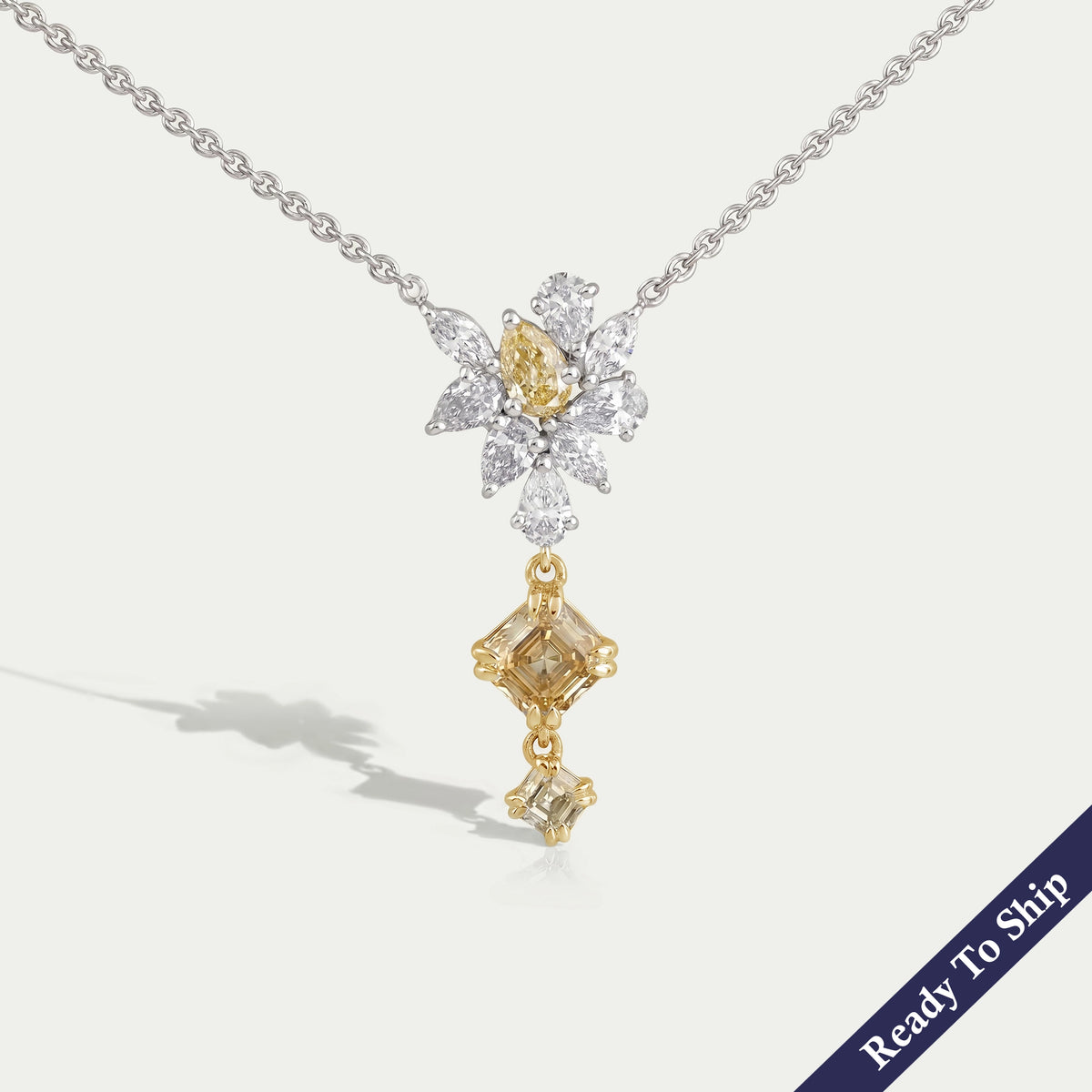 Yellow Asscher And Pear Diamond Cluster Pendant Necklaces