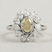 top view of yellow oval cut diamond bezel set with pear halo engagement ring