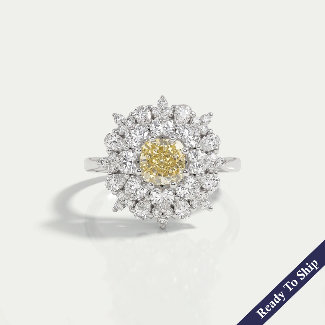 Yellow Cushion Cut Lab Diamond Sunburst Cluster Set Halo Ring Ring