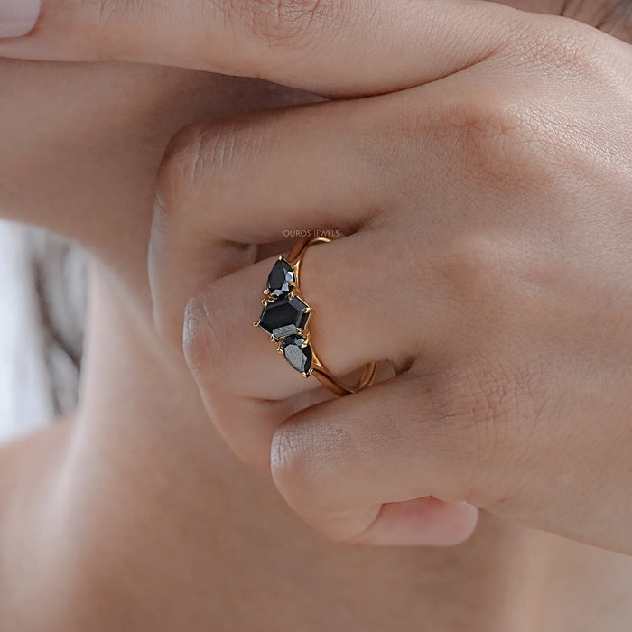 Hexagon and Pear Cut Black Lab Diamond Three Stone Ring