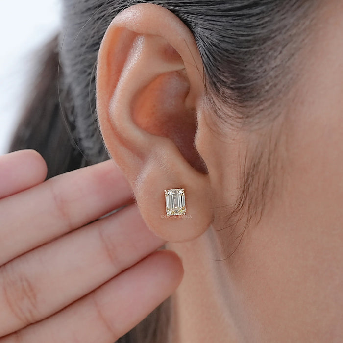 Yellow Emerald Cut Lab Diamond Stud Earrings