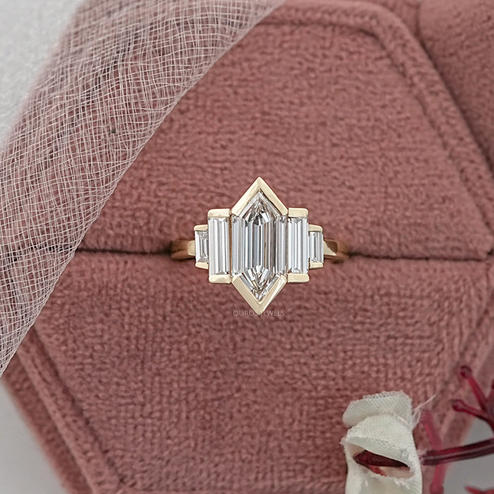 Five Stone Hexagon And Baguette Diamond Half Bezel Set Ring