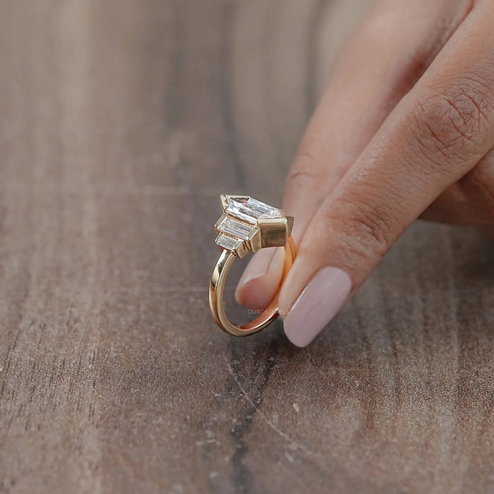 Five Stone Hexagon And Baguette Diamond Half Bezel Set Ring