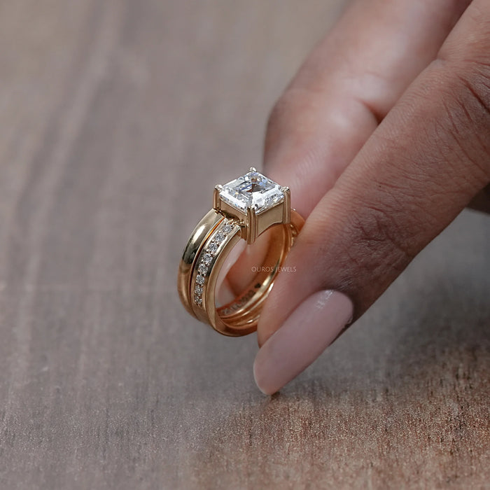 Asscher Cut Diamond Solitaire Accent With Plain Wedding Band