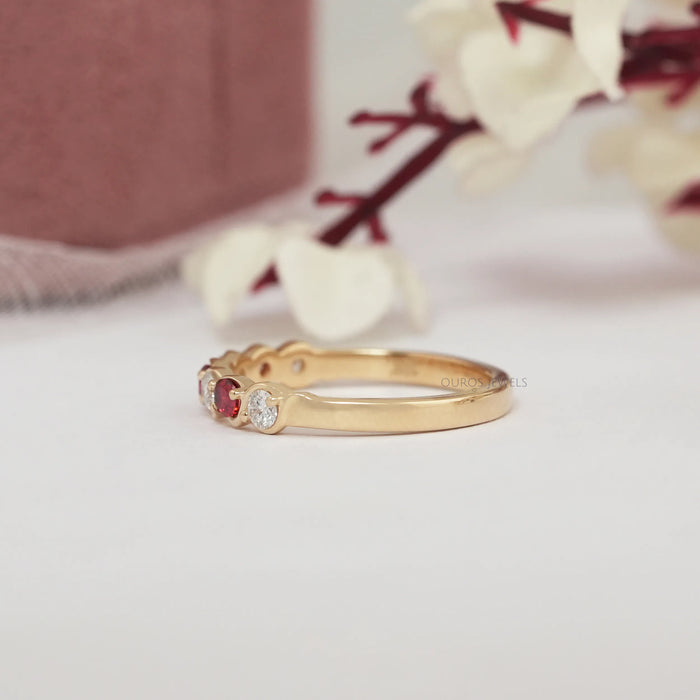Round Ruby and Lab Grown Diamond Half Eternity Band