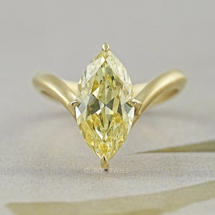 Yellow Old Mine Marquise Diamond V Shape Solitaire Ring