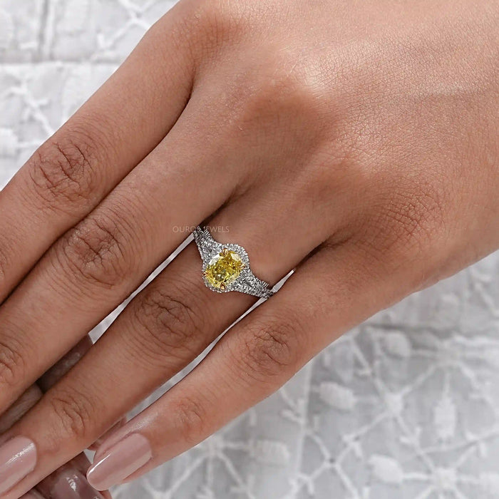 Yellow Oval Diamond Halo Split Shank Wedding Ring