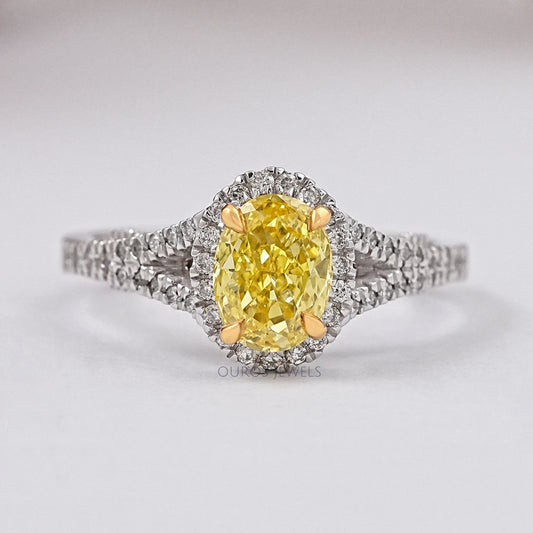Yellow Oval Diamond Halo Split Shank Engagement Ring