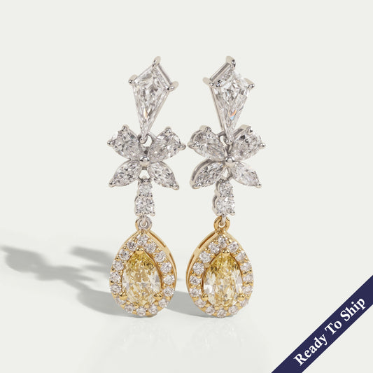 Yellow Pear Lab Diamond Halo Dangle Earrings
