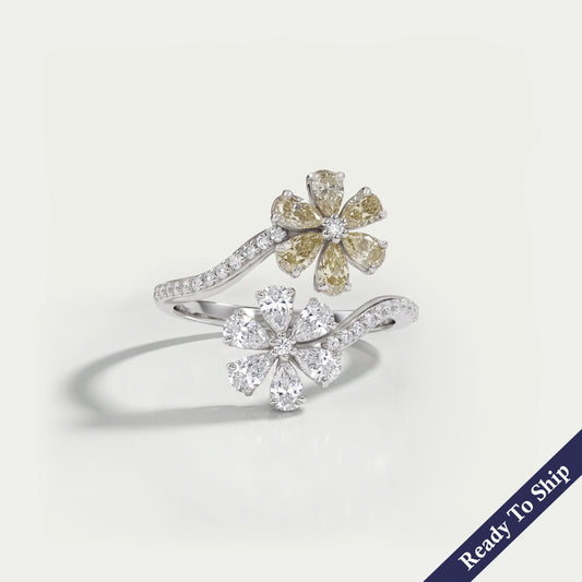 Yellow Pear Shape Lab Diamond Flower Style Bypass Ring