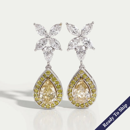 Yellow Pear Diamond Halo Drop Earrings