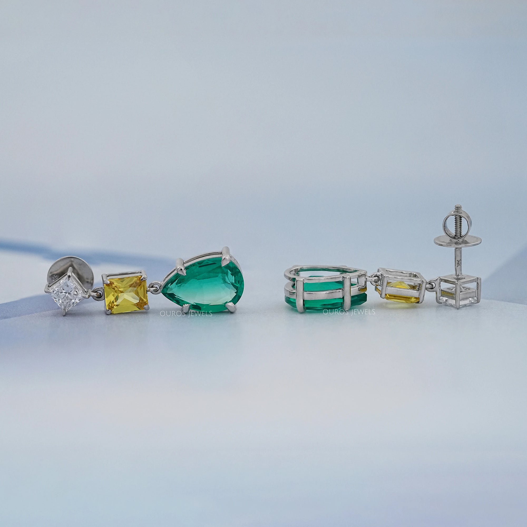 Green Pear And Yellow Radiant Diamond Drop Earrings Earrings