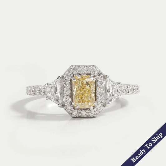 Yellow Radiant Cut Lab Diamond Halo Accent Ring