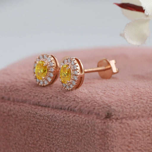 Yellow Princess & Oval Diamond Halo Stud Earrings Earring